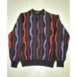Vintage 3D Knit Textured Sweater Mens XL FX Fusion Black Red Purple Striped